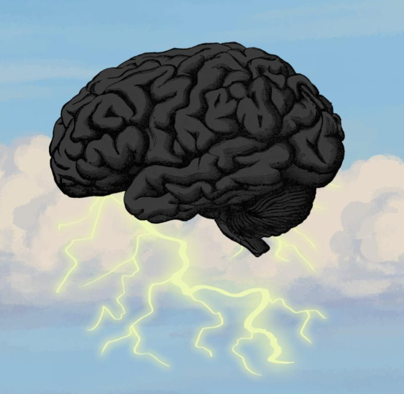 The Thinkerer — a brain floating in stormy clouds with lightning below